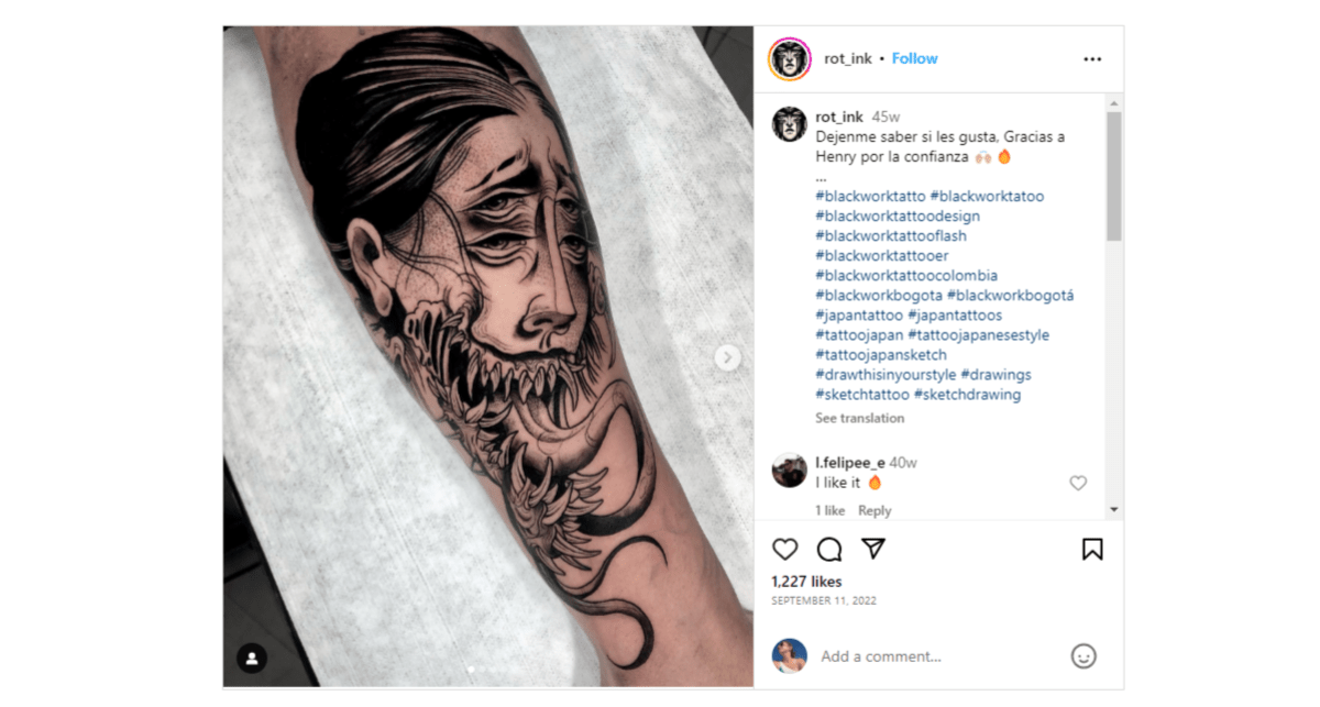 From the Instagram page of @rot_ink we see a blackwork drawing of a woman’s face. She has four eyes and her mouth has split open to reveal a mouth full of fangs and a long serpent-long tongue.