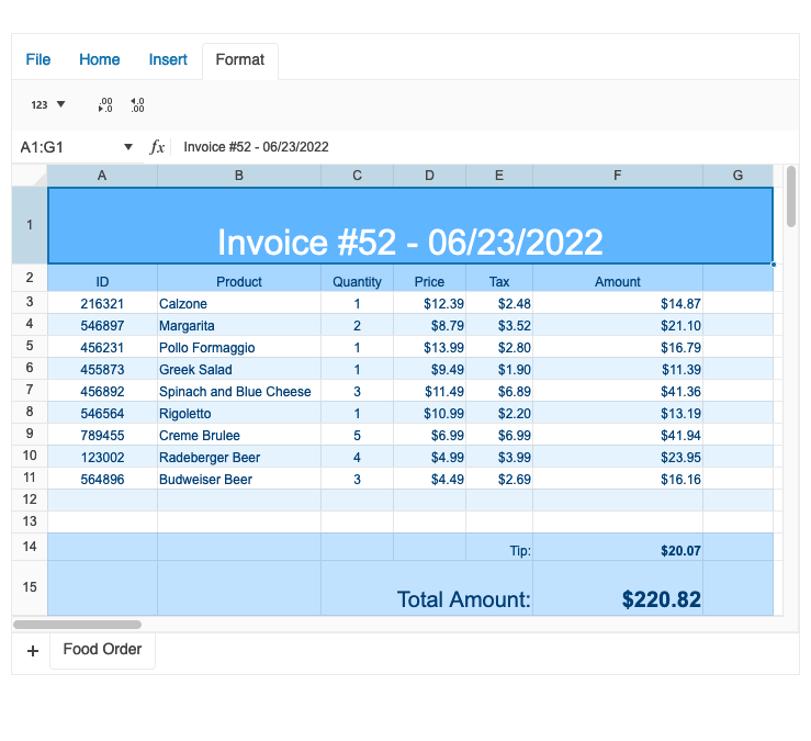A spreadsheet showing an invoice with product id, name, quantity, price, tax and amounts. The header and footer have a light blue background and the rows alternate white and lighter blue.