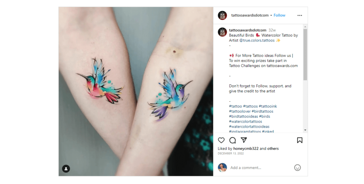 From the Instagram page of @tattooawardsdotcom. We see side-by-side forearm tattoos of tropical birds done in watercolor.
