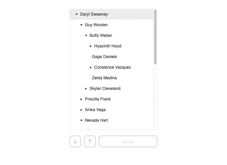 A hierarchical list is navigated with up, down and Space