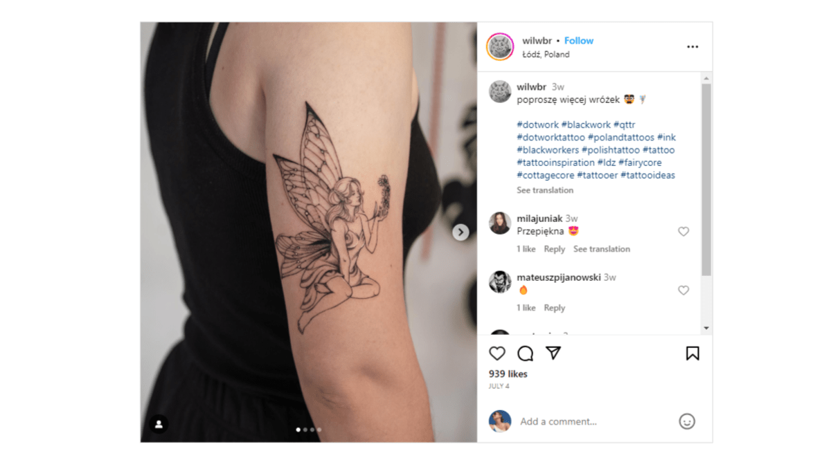 From the Instagram page of @wilwbr. The tattoo is a fairy done in all black ink.