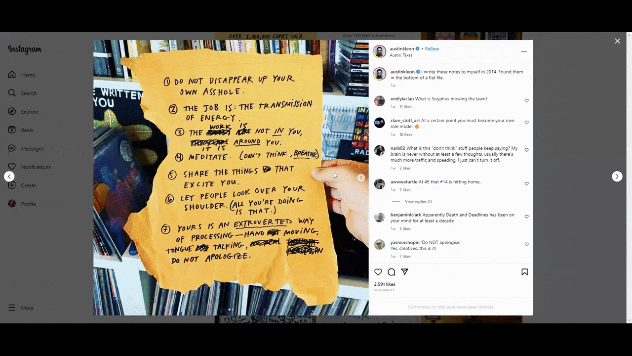 A GIF shows recent posts uploaded to the @austinkleon Instagram account. We see handwritten lists, poems made by redacting the majority of words on a printed page, handwritten and custom-illustrated journals, and more.