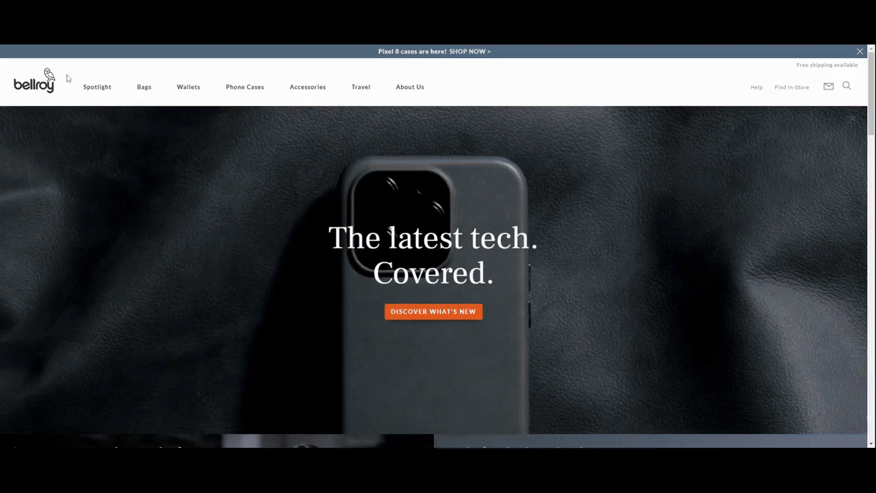 A GIF showing the video in the background of the Bellroy website’s hero section. The text reads “The latest tech. Covered.” The video shows the various leather products getting covered in water and being opened up. You can also see the close-up details of some of their leather and fabric products.