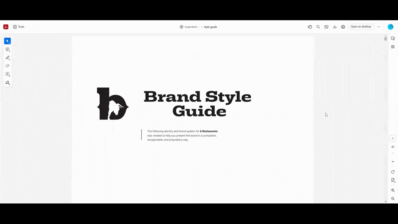 A GIF shows the PDF style guide for b Restaurants. It includes information on the brand, its print visual guidelines, its digital visual guidelines, as well as tons of examples on how to put them to use.