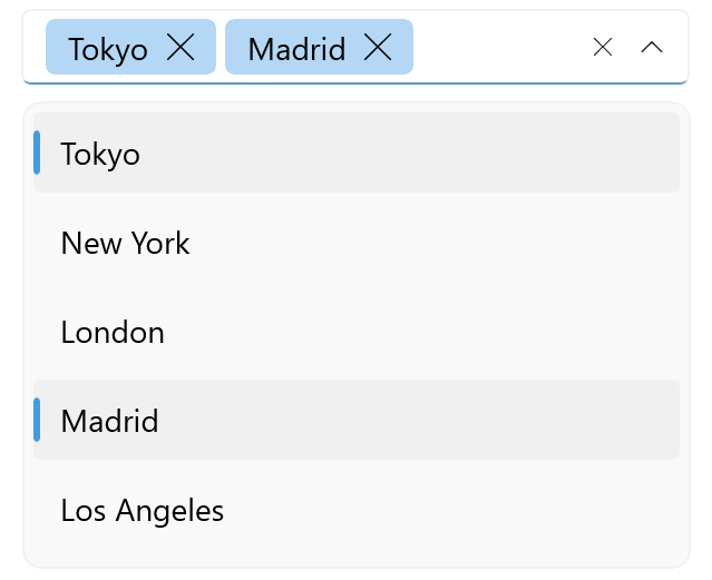 Cities selected are Tokyo and Madrid. Each has an X beside it in the text field for easy deselection