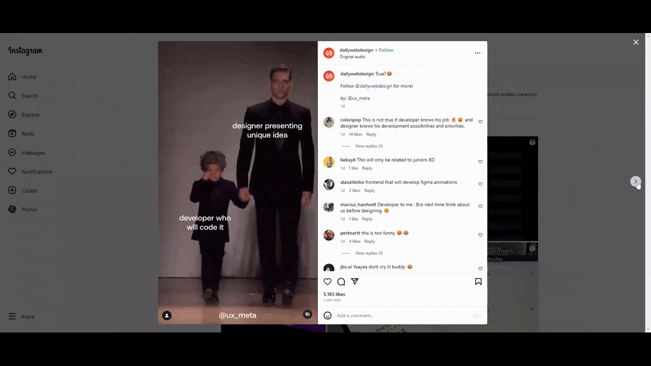 A GIF shows recent posts uploaded to the @dailywebdesign Instagram account. We see a funny GIF about the differences between design and development, an array of futuristic web designs, and an animation depicting CSS timing values.