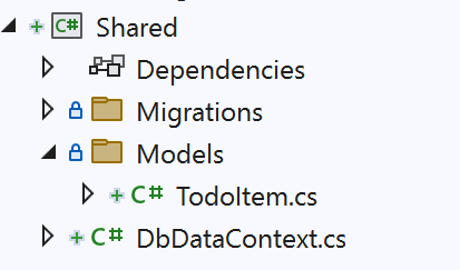 File structure under Shared has dependencies, migrations, models, DbDataContext.cs. Under Models is TodoItem.cs