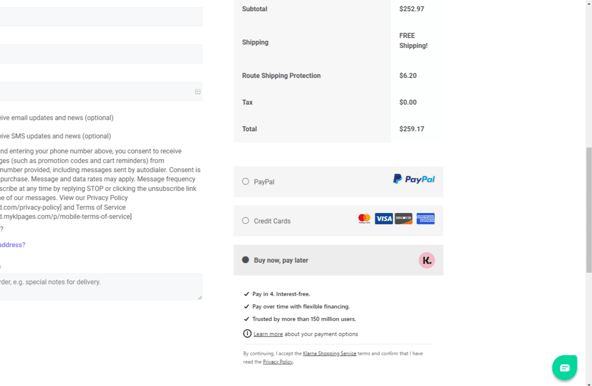 In the checkout form for DefenderShield, customers can pay using PayPal, credit cards, or Buy now, pay later. When selected, customers see that this service run by Klarna allows them to pay in 4 interest-free installments, that they can pay over time with flexible financing, and that it’s trusted by more than 150 million users.