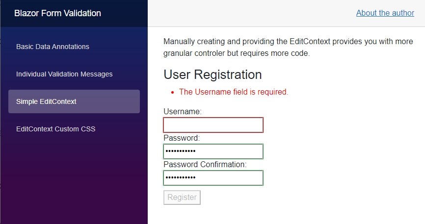 A website with a form consisting of three input fields for the username, a password, and a password confirmation. The submit button is disabled when there are validation errors.
