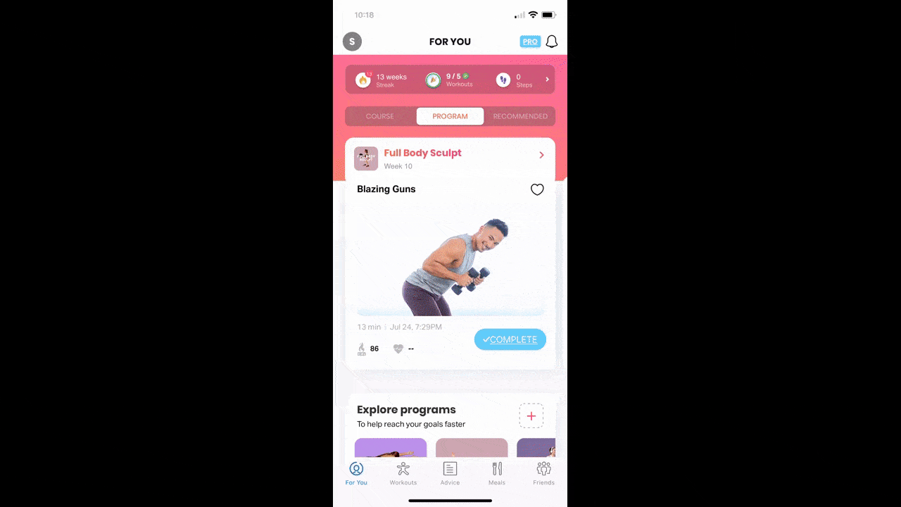 In this GIF, we see a user move from tab to tab inside the FitOn mobile app. As they do, the icons in the header change. On the For You tab, there are profile and notification icons. On the Workouts tab there aren’t any. On the Advice tab is a heart “like” icon. On the Meals tab are heart and search icons. And on the Friends tab are icons for profile, add a friend, and chat. 