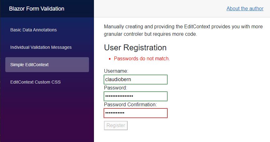 A website with a form consisting of three input fields for the username, a password, and a password confirmation. The password field and password confirmation fields contain different values and, therefore, the custom validation message is shown.
