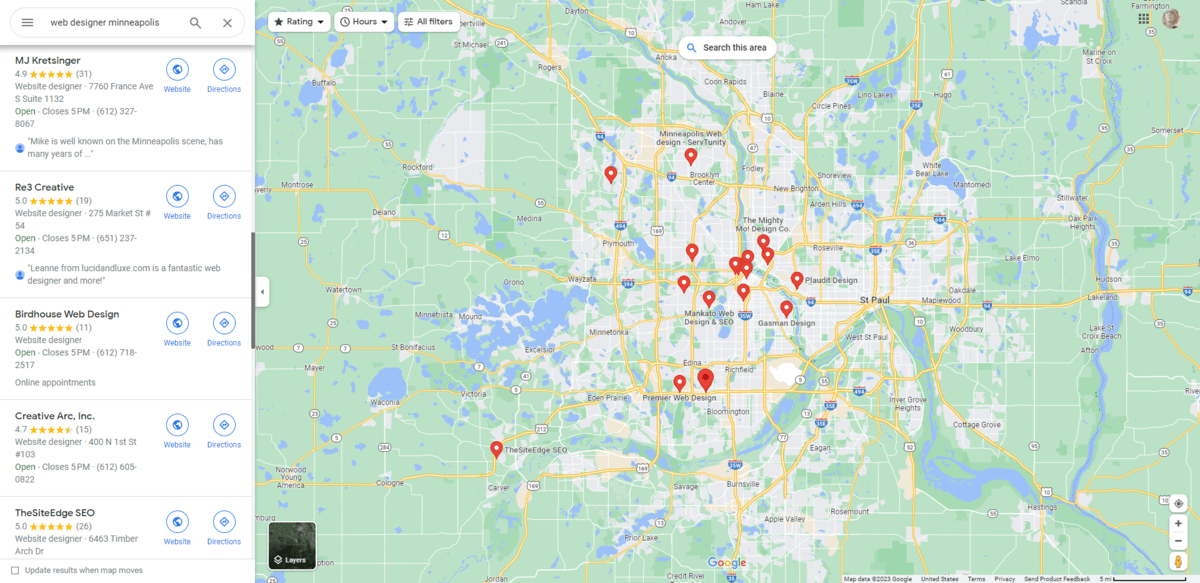 A Google Maps search for “web designer minneapolis” shows a list of top-ranking web designers beside a map of the city of Minneapolis.