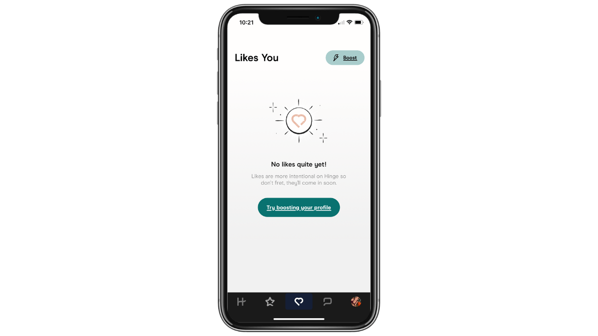 A screenshot of the “Likes You” tab in the Hinge mobile app. There’s no label below the heart icon in the navigation bar at the bottom. However, the top of the open tab says “Likes You”.