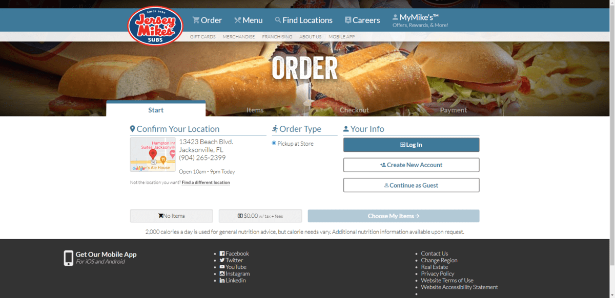 On the Jersey Mike’s Order and checkout page, the first step customers have to take is to Log In, Create New Account, or Continue as Guest.