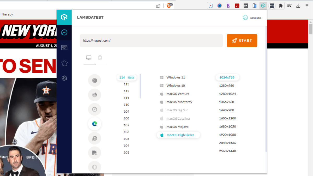 The LambdaTest browser extension gives you the ability to choose from a variety of desktop and mobile browsers, versions, operating systems, as well as resolutions. Select th eone you want to test and then click “Start”.