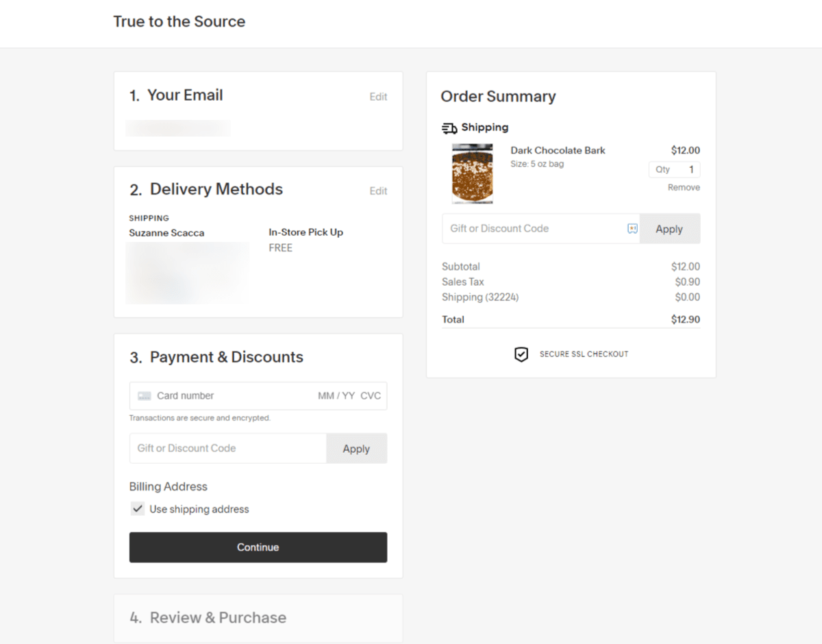 The checkout form for Makenu Chocolate keeps things simple. On the right is the order summary. On the left is the checkout process. Step 1 is to enter your email. Step 2 is to enter your shipping address and choose a delivery method (pick up or delivery). Step 3 is to enter payment info and discount code. Step 4 is to review and purchase.