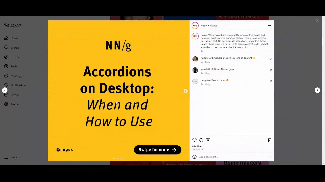 A GIF shows a recent slider post uploaded to the @nngux Instagram account. This is a 7-screen slider that explains accordions on desktop: what they are, the key advantages, and what to think about when implementing accordions in your design.