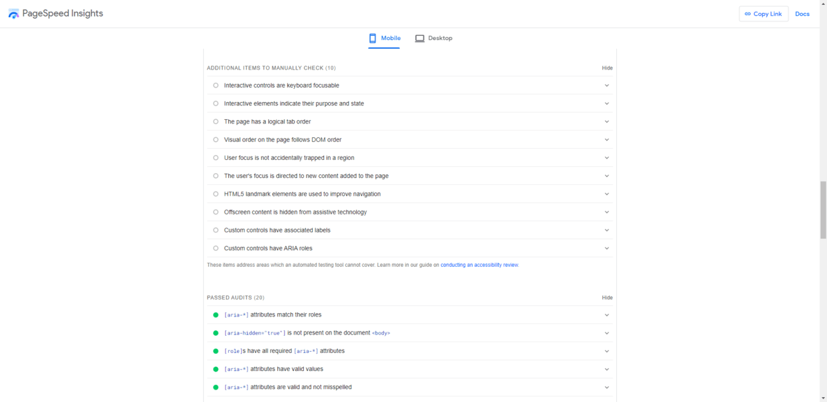 A sample of what the PageSpeed Insights Accessibility section looks like. At the bottom, it includes a list of additional items to manually check plus passed audits. Users can click on each item to get more details about the potential accessibility issue as well as a remedy for it.