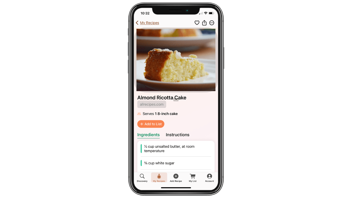 Three icons appear in the top-right corner of the RecipeBox mobile app when a user views a recipe. A heart icon to like the recipe, a share icon, and an additional options icon made up of three horizontal dots.