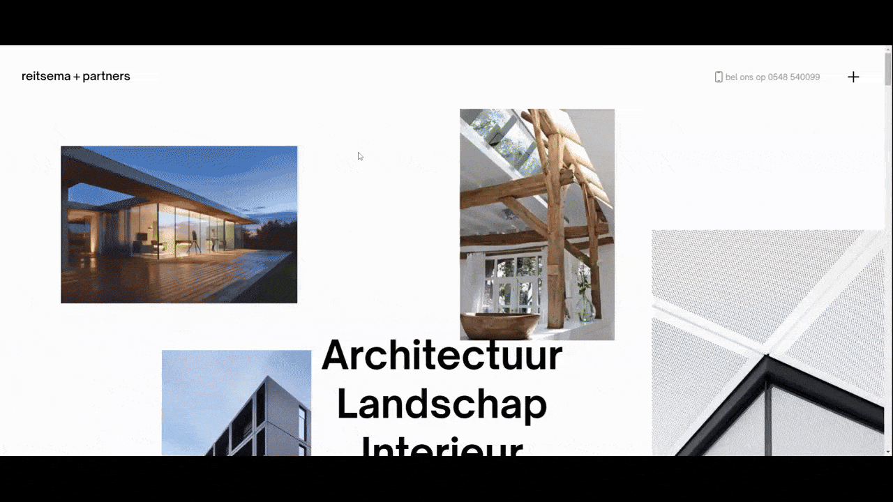 A GIF shows the homepage of Reitsema + Partners. As users scroll down the page, they’ll find text that accompanies images of their architectural work. Initially, the text is light grey. As the user scrolls, each new section turns black.