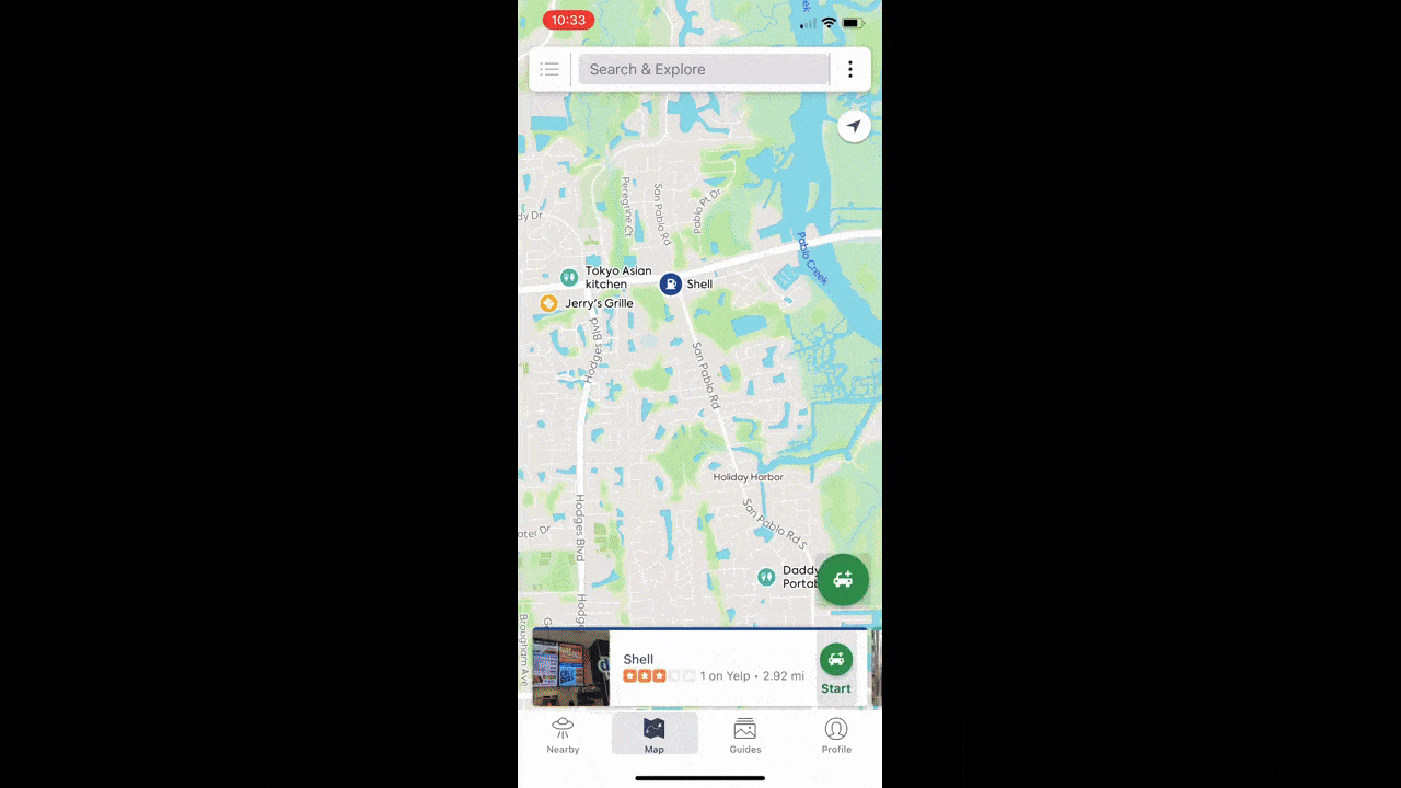 In the Roadtrippers mobile app, users viewing the Map tab can create a new mappable trip by clicking the sticky green button in the bottom right corner. This opens the “Start a New Trip” modal where users enter their start and end destinations.