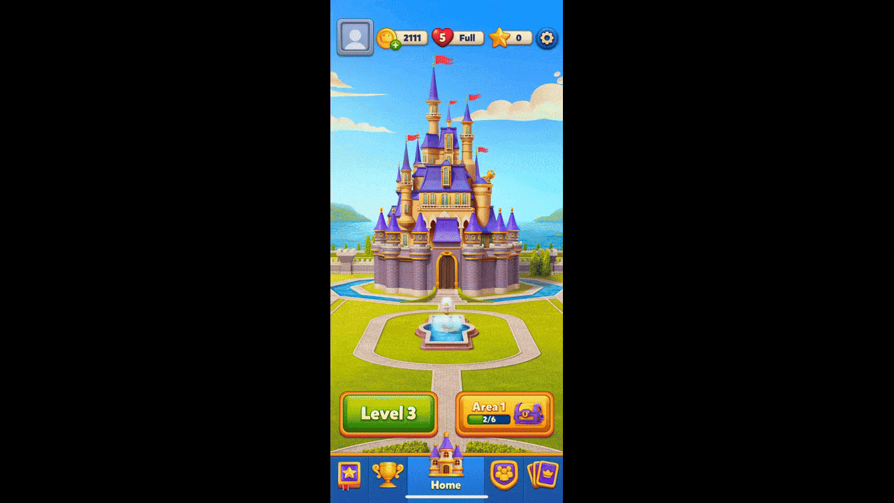 In this GIF of the Royal Match gaming app, the users clicks through the different tabs in the navigation. The only one that has a label at first is Home (the castle icon). As they click on the rest, however, labels appear for each.