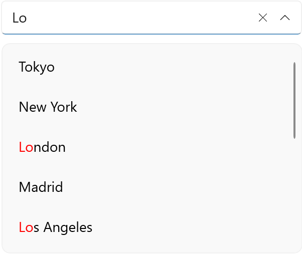User has typed 'Lo' into the text field, and London and Los Angeles both have their 'Lo' in red