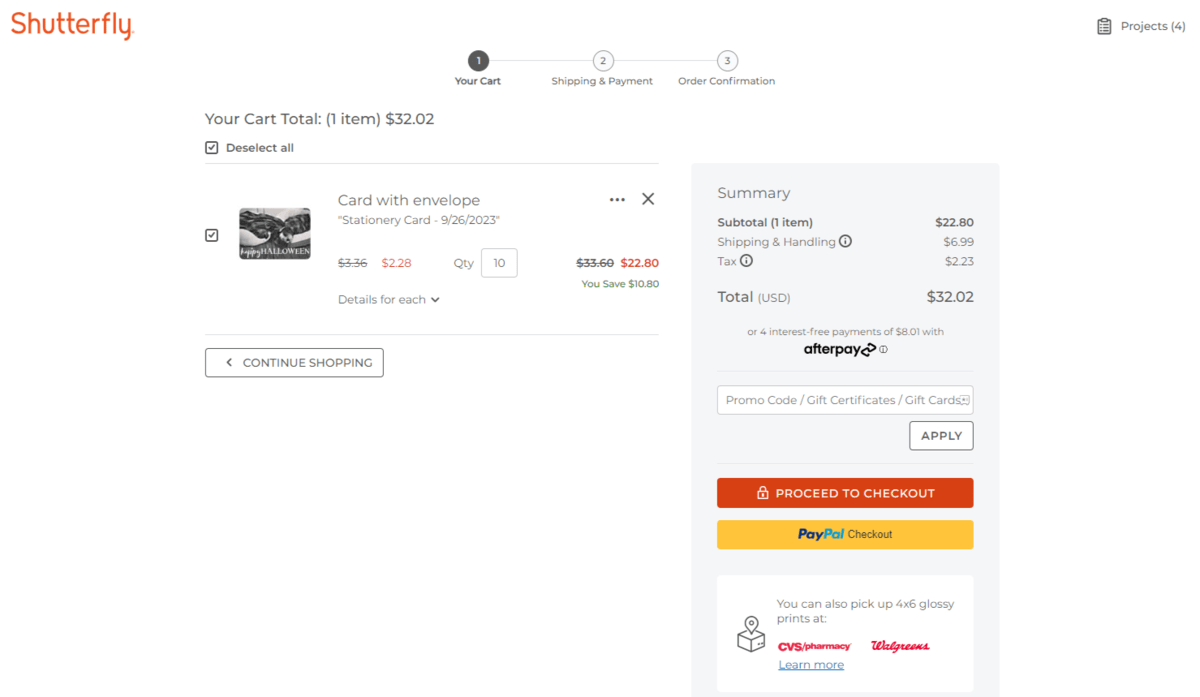 At checkout, Shutterfly customers will see estimated charges for shipping & handling based on their existing profile. And based on them selecting the economy shipping option. In this case, the purchase subtotal is $22.80, the Shipping & Handling fee is $6.99, and the Tax is $2.23.