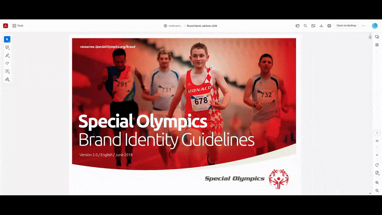 This is the English PDF style guide for Special Olympics. This 92-page document breaks down everything one needs to know about the brand and how to translate it into a visual style. The first 50 pages or so include the traditional style guide elements, with guidelines related to logos, colors, typography, and imagery. The last half of the guide contains print and digital examples as well as tips on managing the brand.