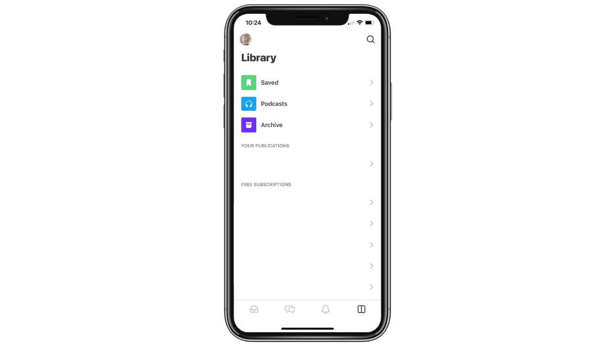 Inside the Substack mobile app, users will find four tabs in the navigation bar. The first is an inbox for the latest posts from the newsletters that the user is subscribed to. The second is the chat area. The third is a notification bell. And the fourth is the library.