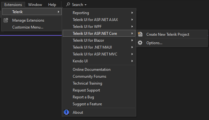 Extensions – Telerik – Telerik UI for ASP.NET Core – Create New Telerik Project