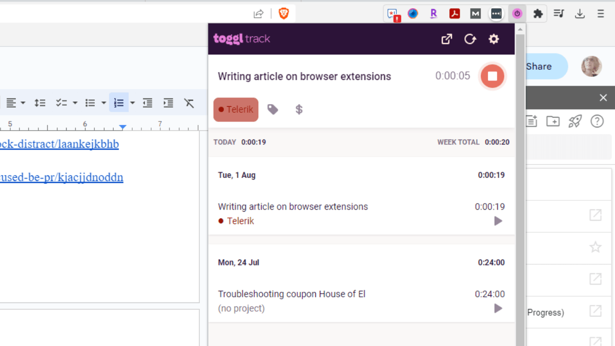 The Toggl Track browser extension is active. When opened, the user has created a task called “Writing article on browser extensions” for Telerik. The timer has been started from this extension dropdown. The user can see a history of their timed sessions from this dropdown as well.
