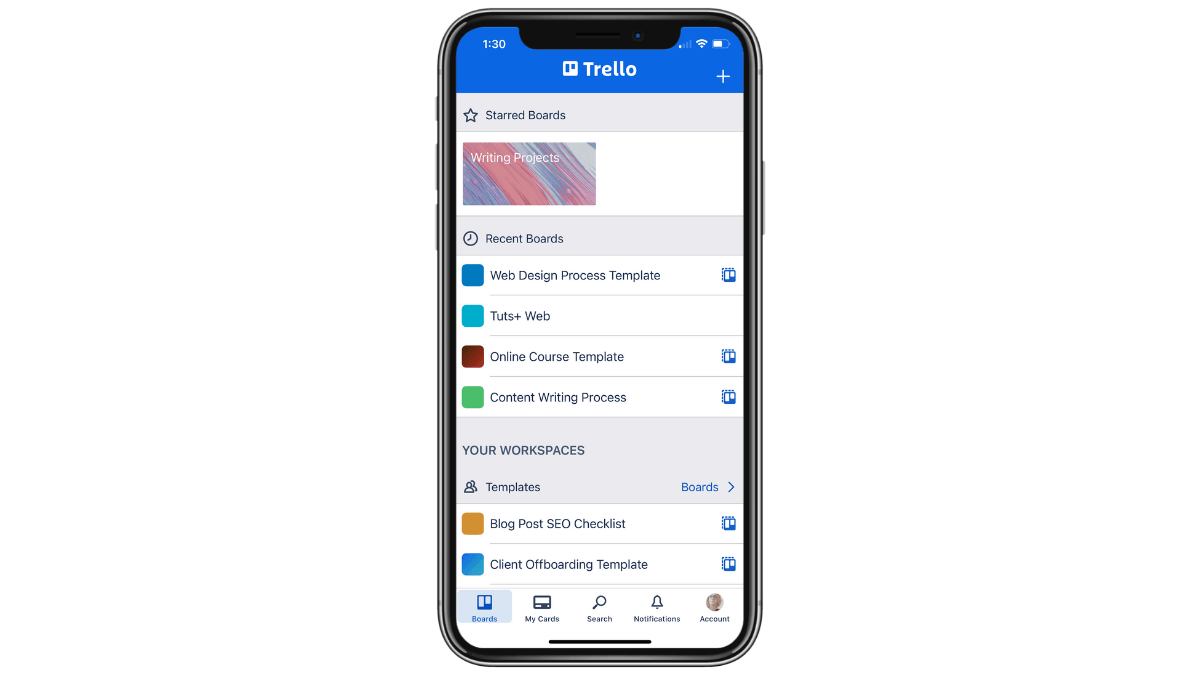 In the Trello mobile app is a plus-sign icon that sits in the top-right corner. When clicked, users are given the ability to create a board, create a card, or browser templates.