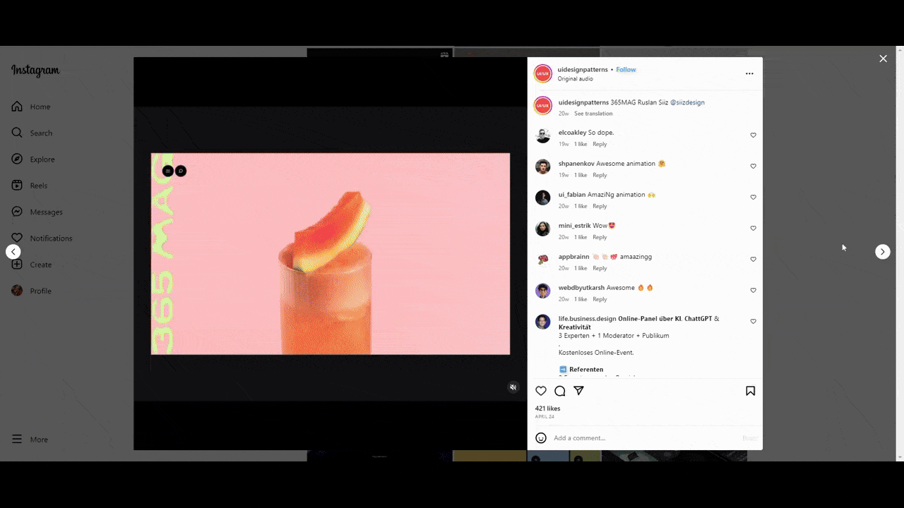 A GIF shows a collection of posts uploaded to the @uidesignpatterns account on Instagram. We see a wide variety of projects aggregated from other web and app designers. Some are static screenshots of landing pages while others are video walk-throughs of the digital products.