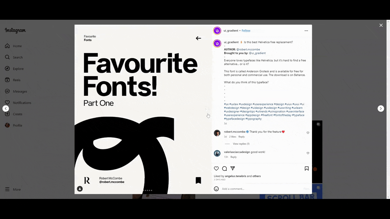 A GIF shows a recent slider post uploaded to the @ui_gradient Instagram account. The entire post is dedicated to introducing users to a free Helvetica font alternative called Anderson Grotesk.