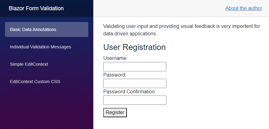 A website with a form consisting of three input fields for the username, a password, and a password confirmation.