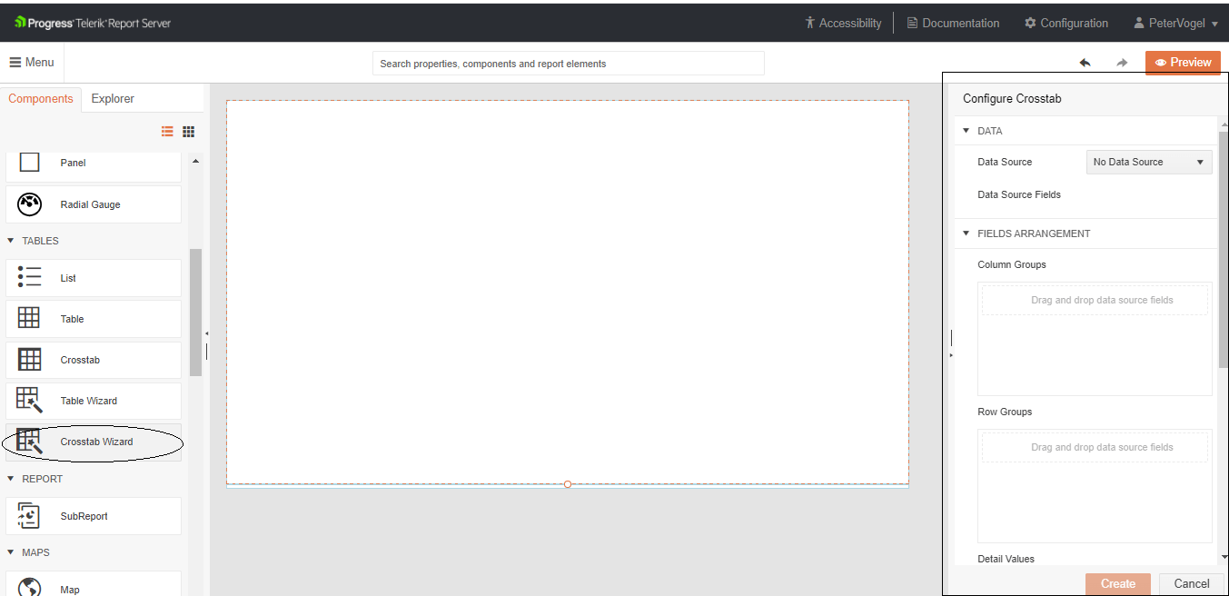 The Web Report Designer. In the panel on the left, the Components tab has been selected and the Tables section of the tab is showing. In that section, the Crosstab Wizard component has been selected (it also has a circle drawn around it). The panel on the right is titled Configure Crosstab. At its top is a section called Data that is expanded to show a dropdown list labeled Data Source with the text No Data Source. Under the dropdown list is another area labelled Data Source Fields that has nothing in it.