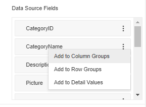 The Data Source Fields section of the Configure Crosstab pane from the previous graphic. This section is now filled with a list of tiles displaying field names (e.g. CategoryId, CategoryName). Each tile has three vertical dots at its right hand edge. The CategoryName tile is displaying a floating menu with three entries: Add to Column Groups, Add to Row Groups, Add to Detail Groups.
