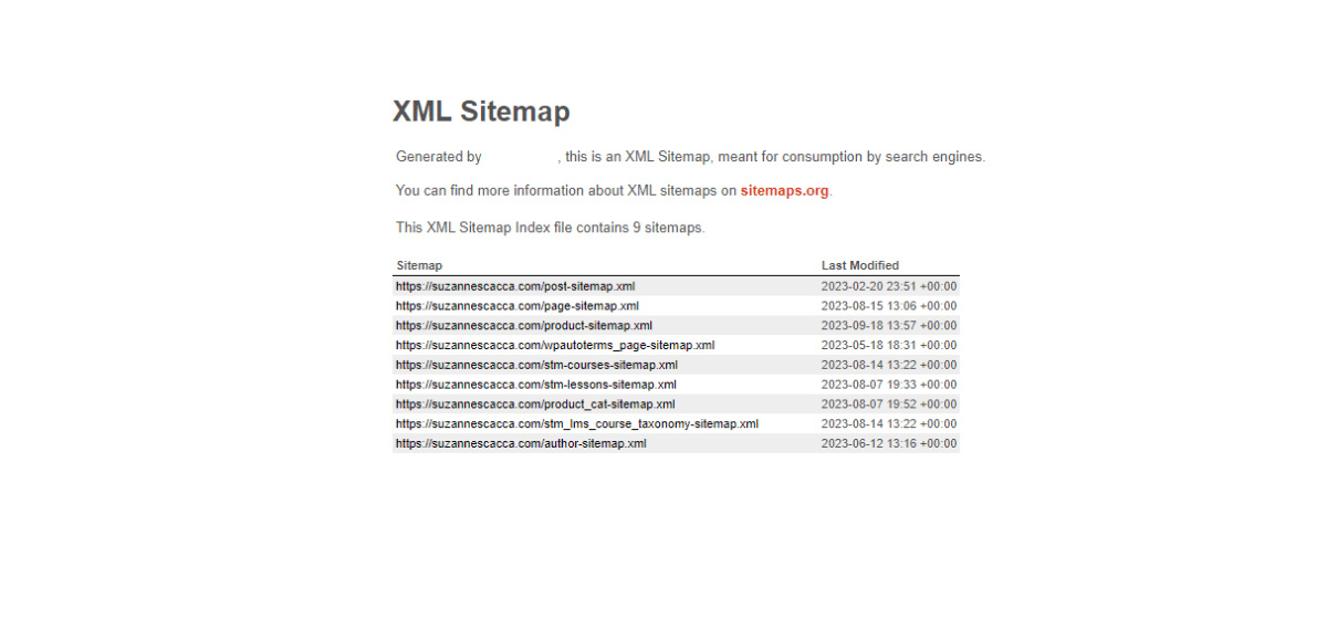 An XML Sitemap example. At the top of the page, it says that this sitemap is “meant for consumption by search engines.” The file contains 9 sitemaps within it for post, page, product, terms of service, courses, lessons, product categories, course taxonomy, and author.