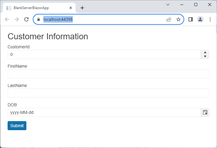 A basic form with labels, textboxes, a number spinner, and a date picker. The input controls are stacked vertically down the page with label along their top. At the bottom of the form is a blue Submit button. The labels, however, reflect typical property names: CustomerId, FirstName, etc.