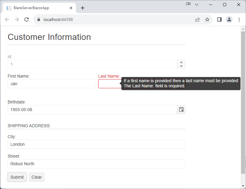 The same report as before but, while the last name textbox is highlighted in red, there is no error message underneath it. Instead the mouse hovering over the textbox has triggered a tooltip with two error messages stacked inside of it.