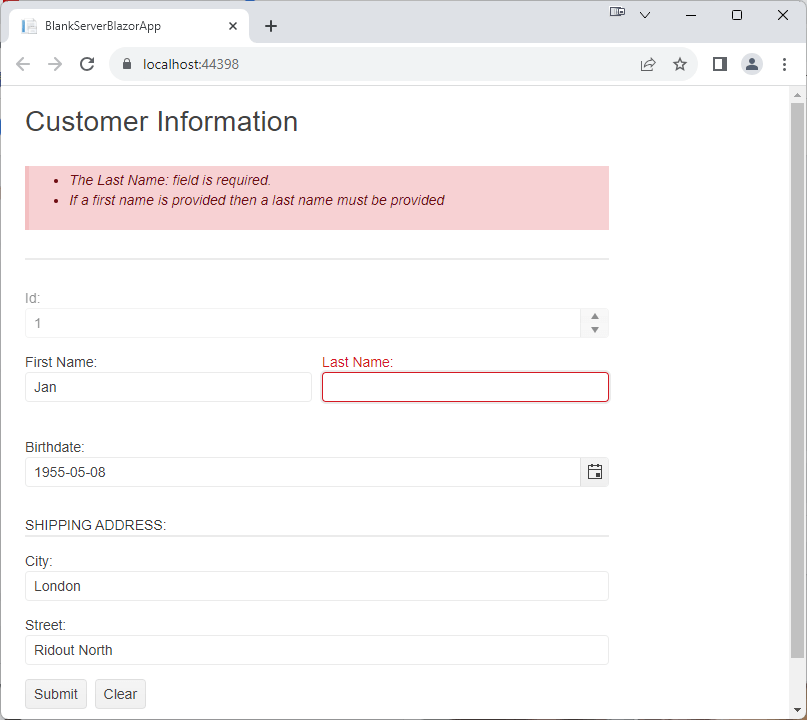 The same report as before but, while the last name textbox is highlighted in red, there is no error message underneath it. Instead a pink box at the top of the form displays all of the generated error message.