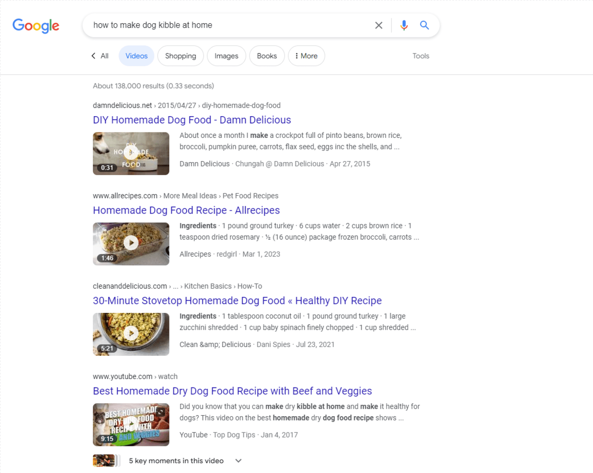 A Video search results page in Google for “how to make dog kibble at home”. There are video pages from Damn Delicious, Allrecipes, Cleananddelicious.com, and YouTube.