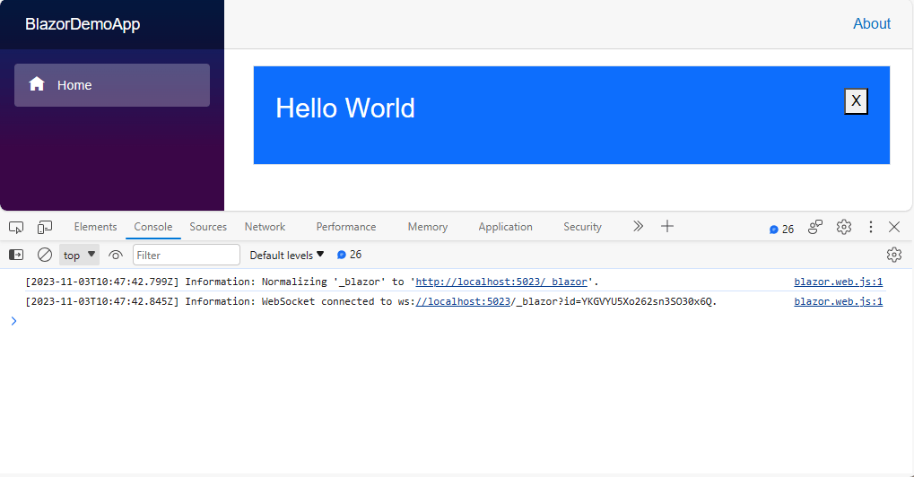 The Blazor site showing a simple Hello World banner. This time the banner has an X button which can be used to dismiss it. The Dev tools show that a socket connection was opened to the server