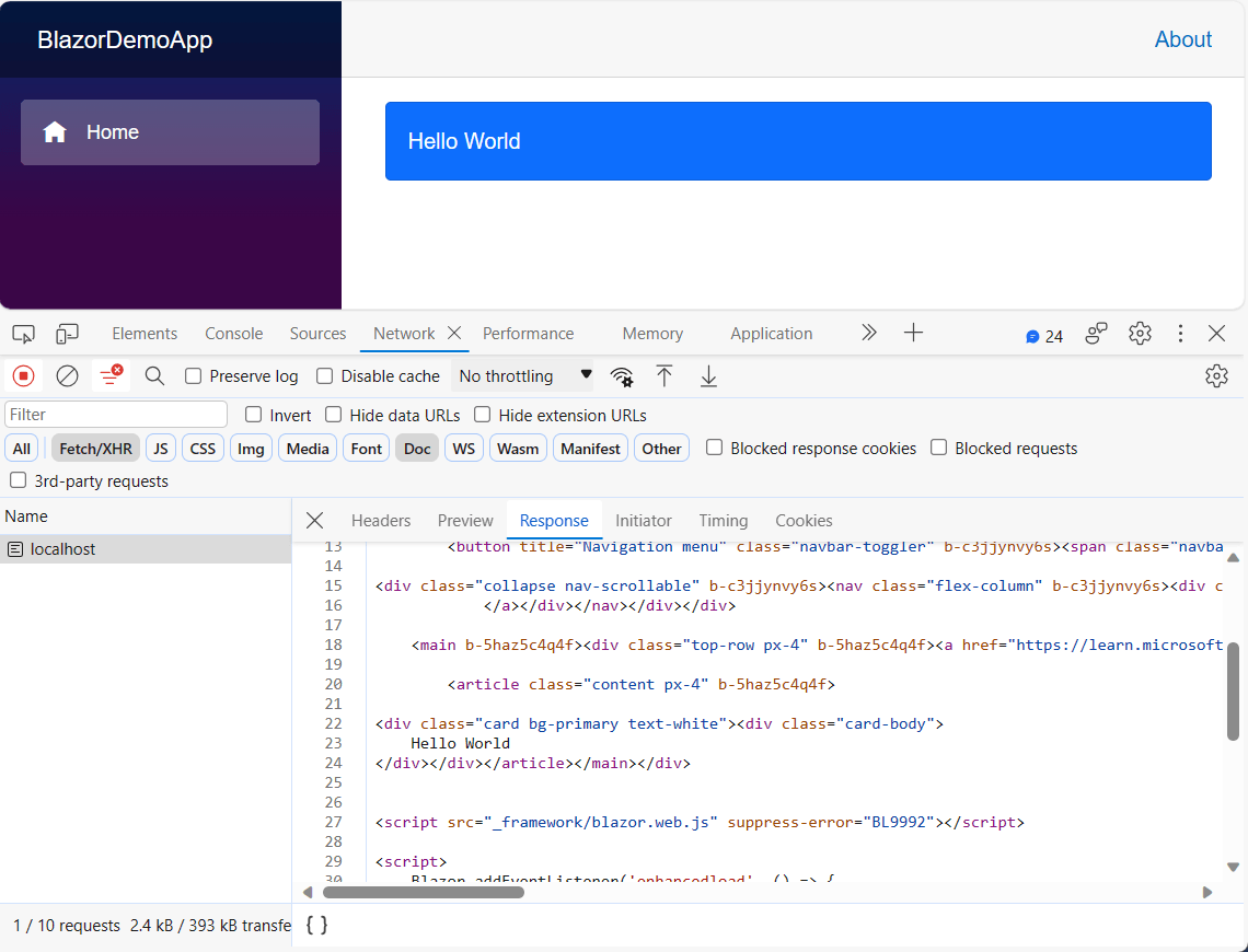 Blazor app showing simple blue banner with the text Hello World. The browser dev tools show a single request to localhost, and the resulting response which includes all the HTML for the page being displayed