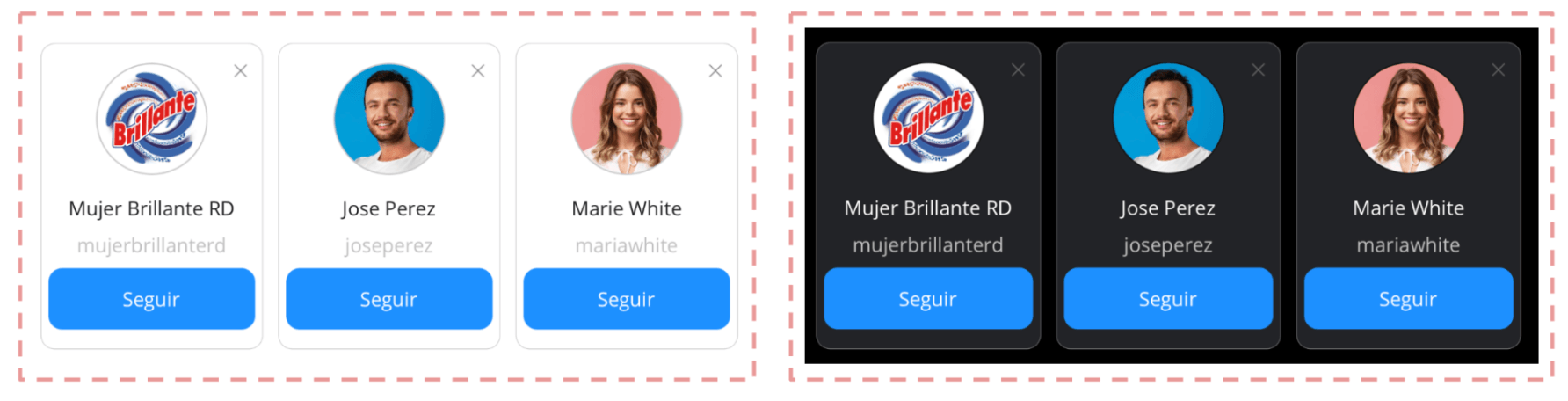 Three recommended cards with profile image, name, handle, and button. Light mode and dark mode both shown.