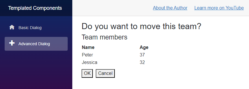 A Blazor application with a templated dialog component. It contains a title, an advanced Body section containing a table with all team members, and two buttons: OK, and Cancel.