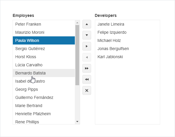 On the left is a list of employees; on the right, a list of developers. Users can move names from employees to developers and back