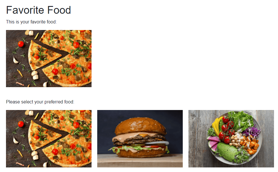 A Blazor application with three statically rendered images including three different menus: Pizza, Burger, Salad. And the user's favorite food, previously selected.