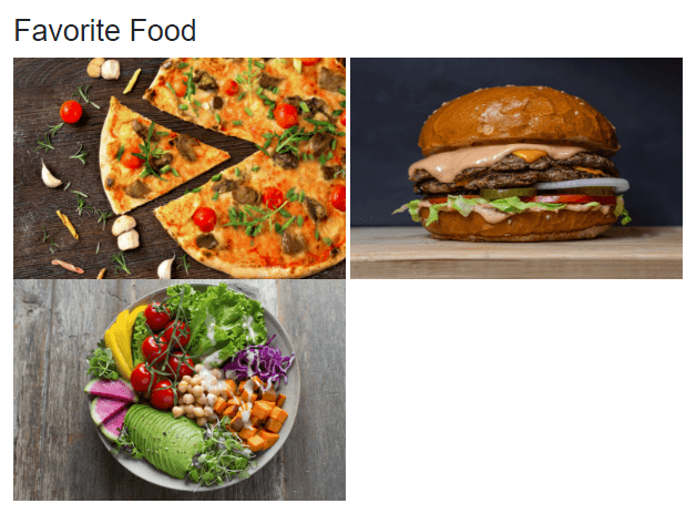 A Blazor application with three statically rendered images including three different menus: Pizza, Burger, Salad.